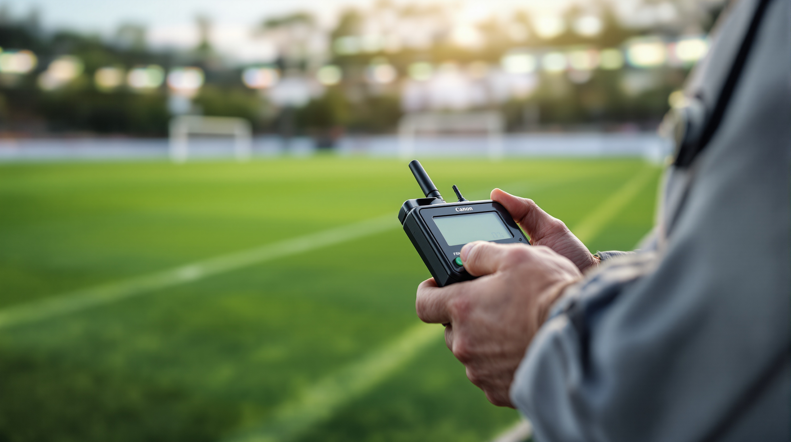 Athletic director operating a wireless soccer scoreboard controller on the sideline of a grass field