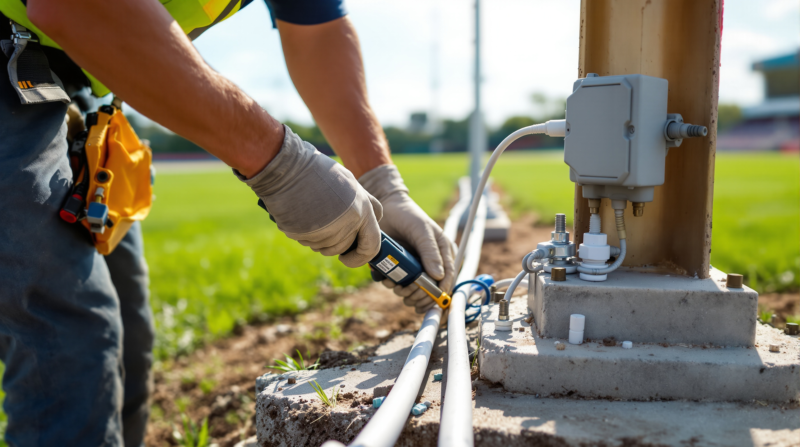 Electrical conduit installation at a baseball scoreboard foundation pad, showing the dedicated circuit and conduit routing that adds 25-40% to total LED scoreboard installation cost.