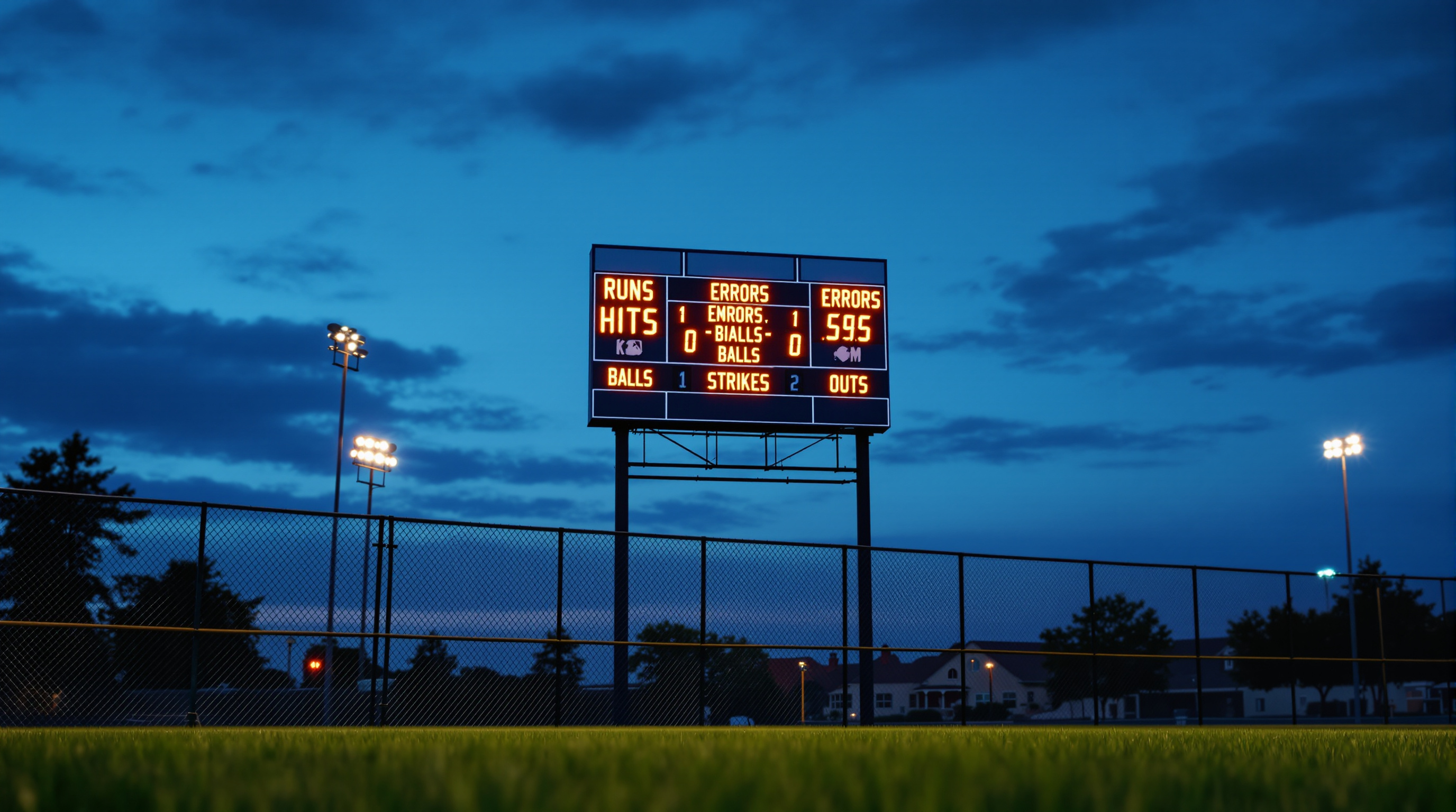 LED baseball scoreboard mounted above an outfield fence at a community baseball park at dusk, displaying game statistics in bright LED digits